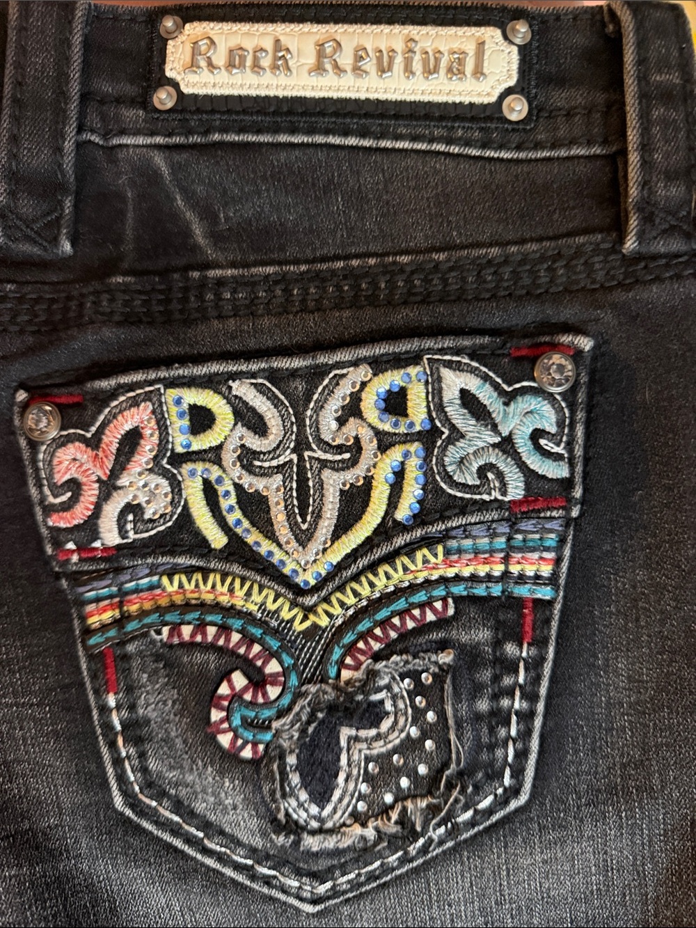Rock Revival Black Denim Shorts with Multicolor Embroidered Pockets - Picture 2 of 4